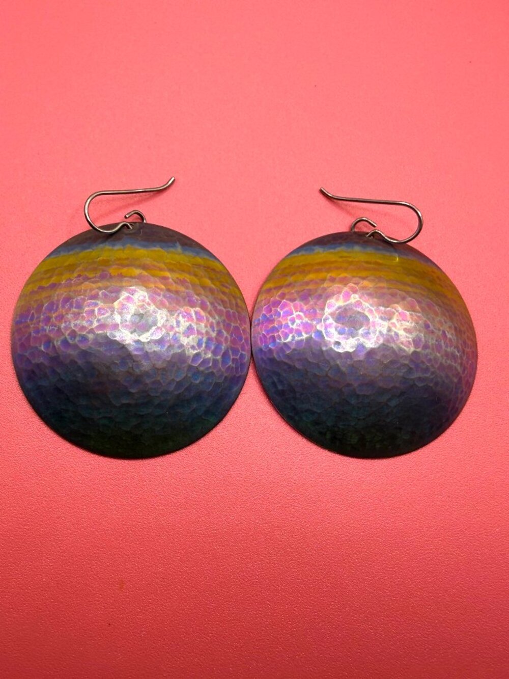 Large Anodized Titanium Artist Made Round Hammered Earrings